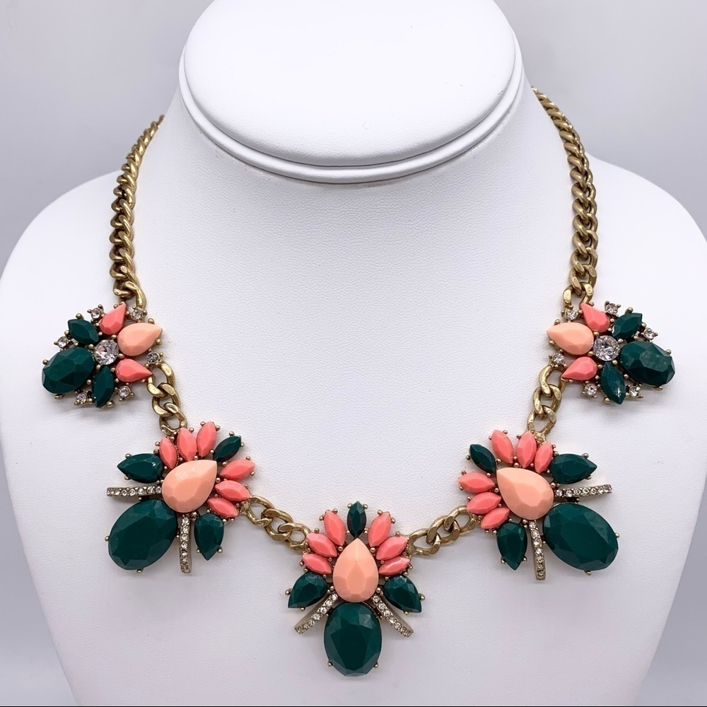 J. Crew Green and Peach Jeweled Necklace
